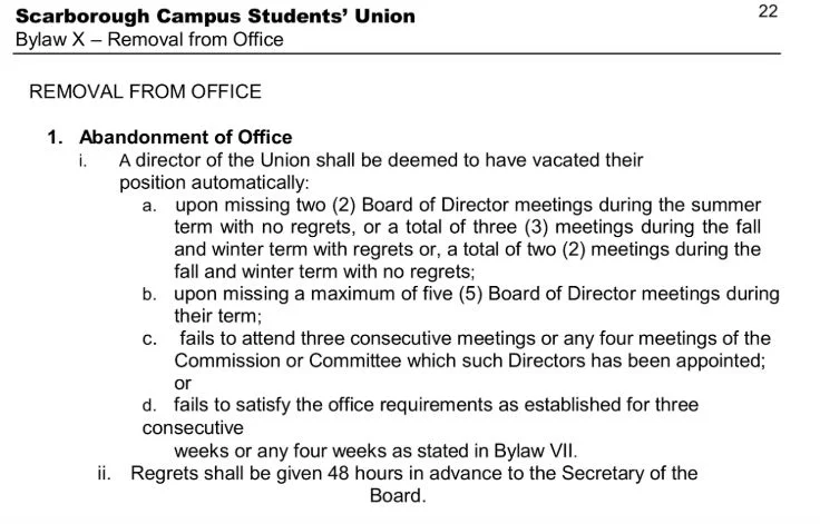 Above is an expert from the SCSU Bylaws outlining conditions under which Board Members can be ousted from their position.