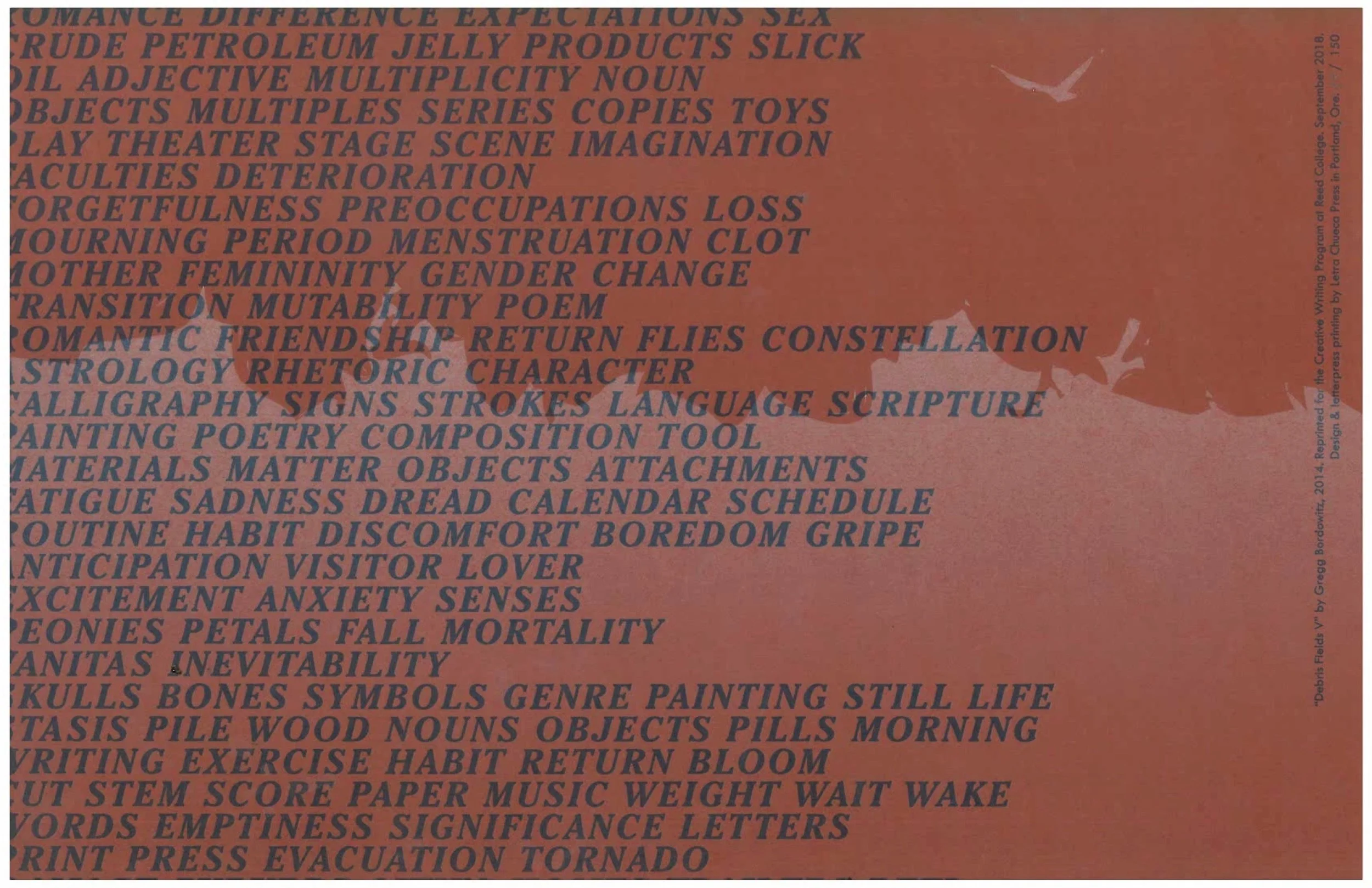 Broadside featuring Gregg Bordowitz’s “Debris Field V.” Design and letterpress printing by Letra Chueca Press.