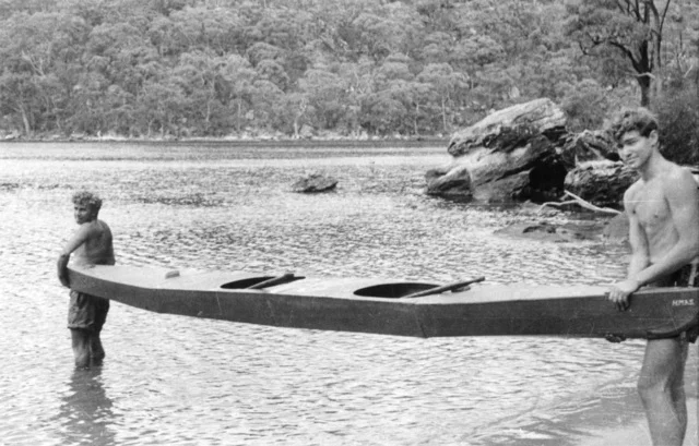 Refuge Bay Hawkesbury River NSW c1943 01 17 Two members of Z Special Unit Australian Services Reconnaissance Department prepare to enter the water with a two man canoe known as HMAS Lyon It was a home made exp.jpg