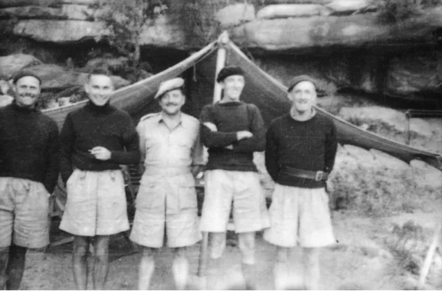 Five members of SOE Australia aka Inter Allied Services Department or IASD outside a tent at a training camp Left to right are Chester Ivan Lyon Jock Campbell Reynolds _ Davidson.jpg