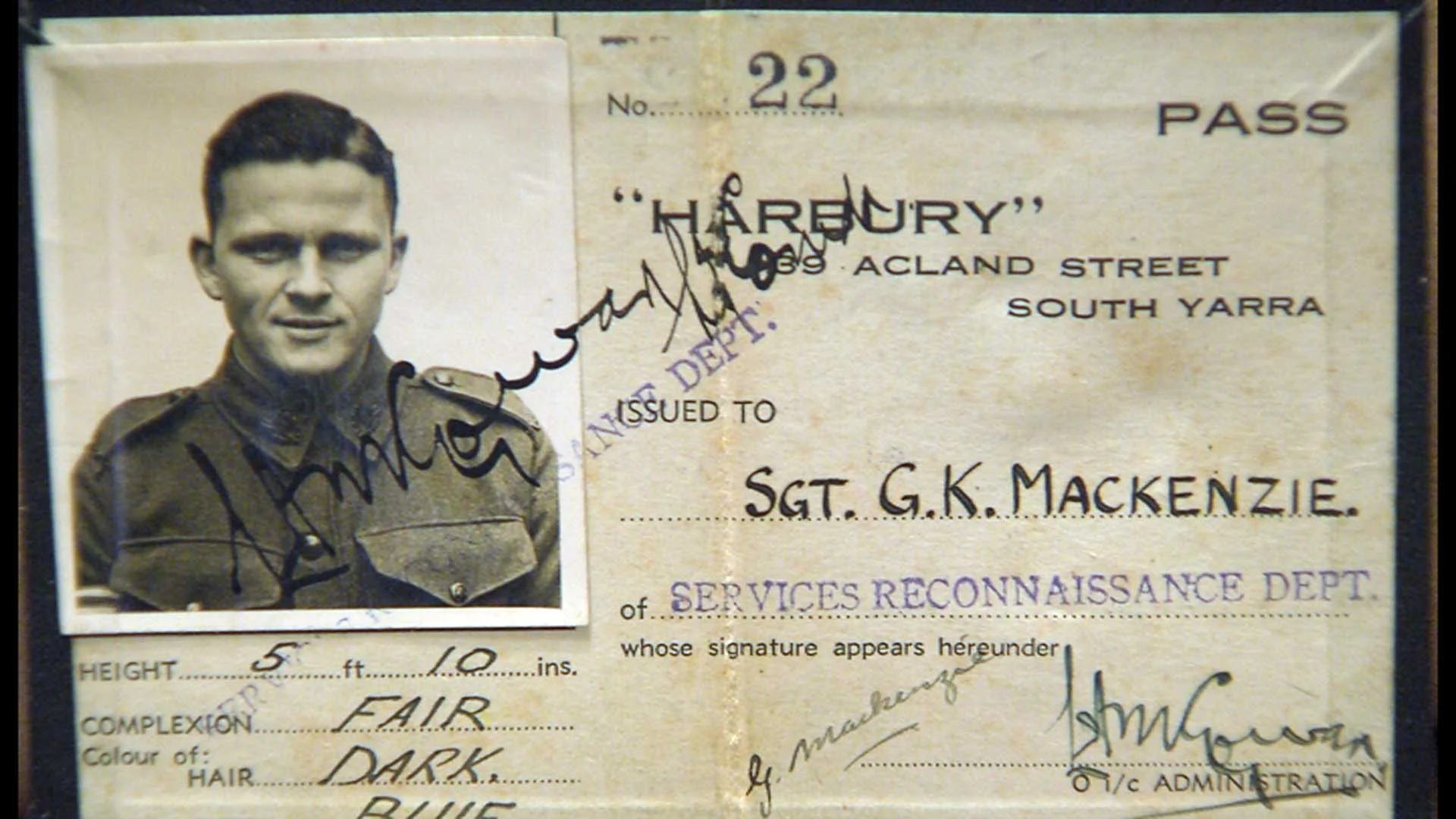 SRD HQ Pass for SRD Operative Sgt. G.K. Mackenzie