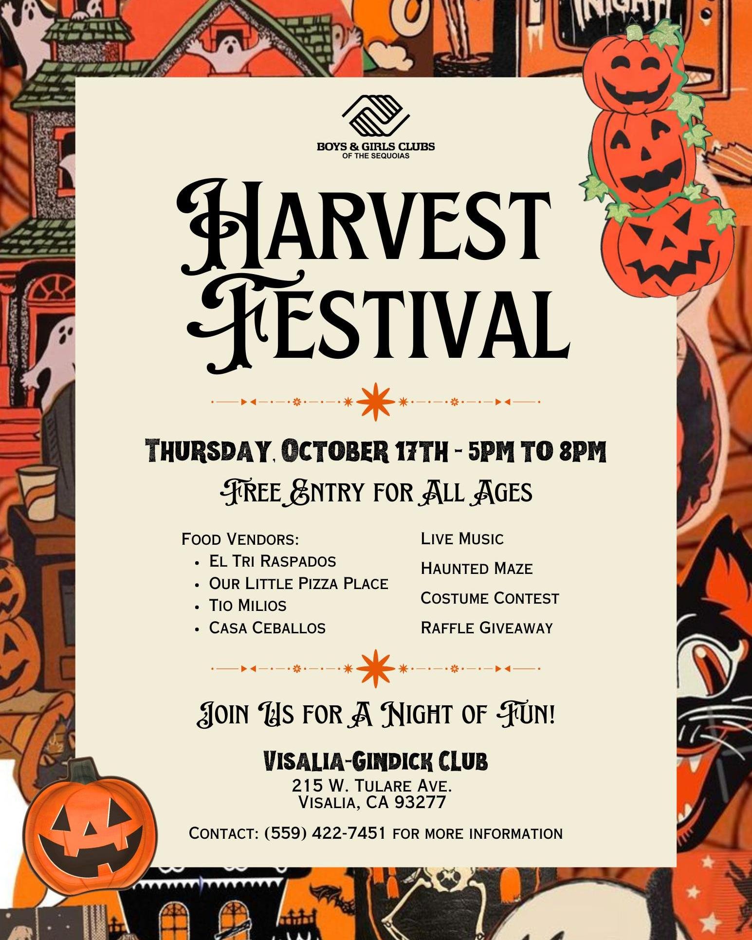 🎃🍂 Join us for a night of fun at our Annual Harvest Festival! 🌟
📅 Thursday, October 17th
⏰ 5 PM - 8 PM
📍 Visalia Gindick Club (215 W. Tulare Ave)
This FREE event is open to all ages! Bring all of your family and friends to enjoy:
✨ Food Vend