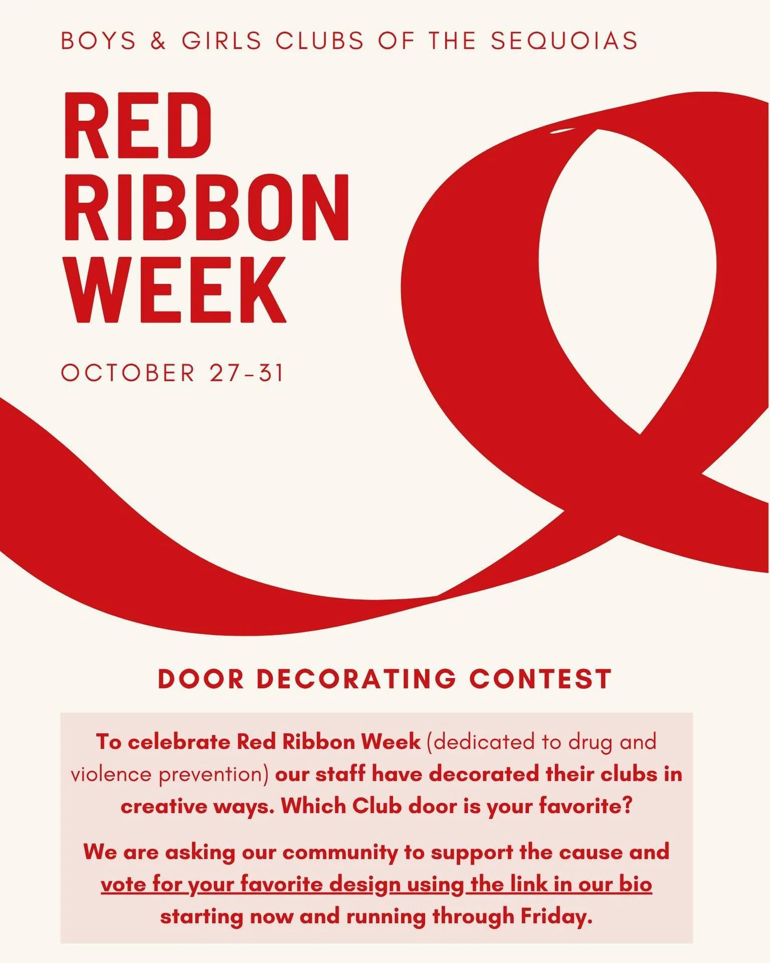 This week is Red Ribbon Week! ❤️A week dedicated to drug and violence prevention and education. Throughout the week our Clubs will touch on topics related to these themes to help our members make good choices and live healthy lifestyles. 
To celebra