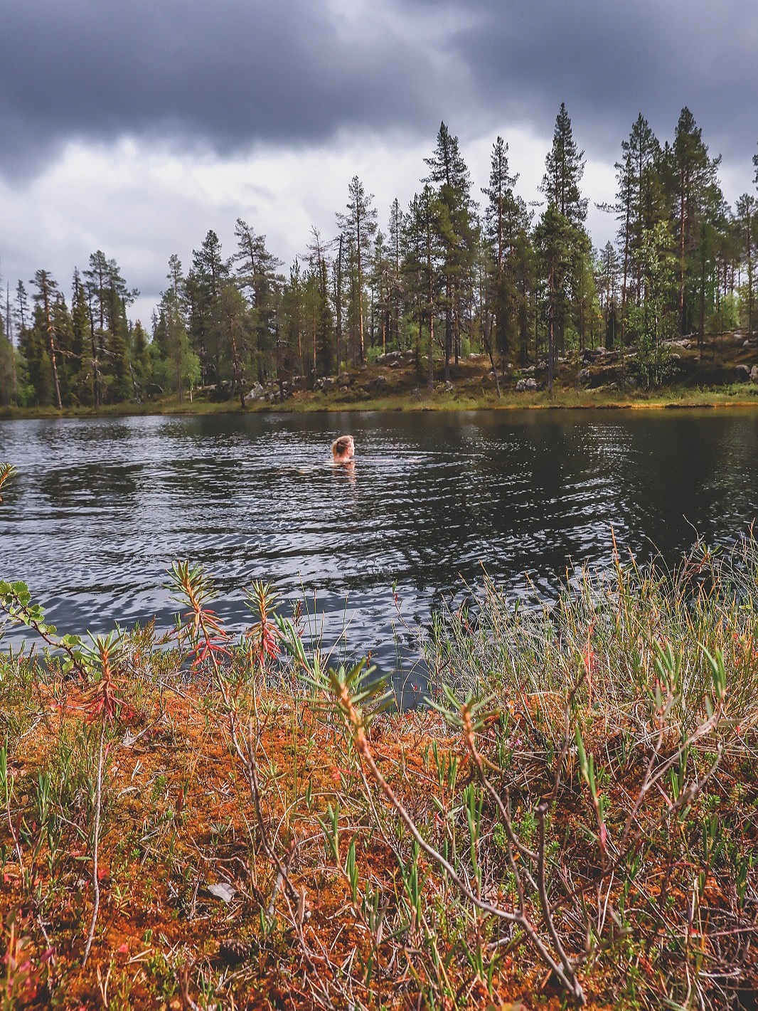Uskaltauduin lopulta hyytävän viileään Pahikkojärveen pienen epäröinnin jälkeen. Kuva: Jonna Saari .
