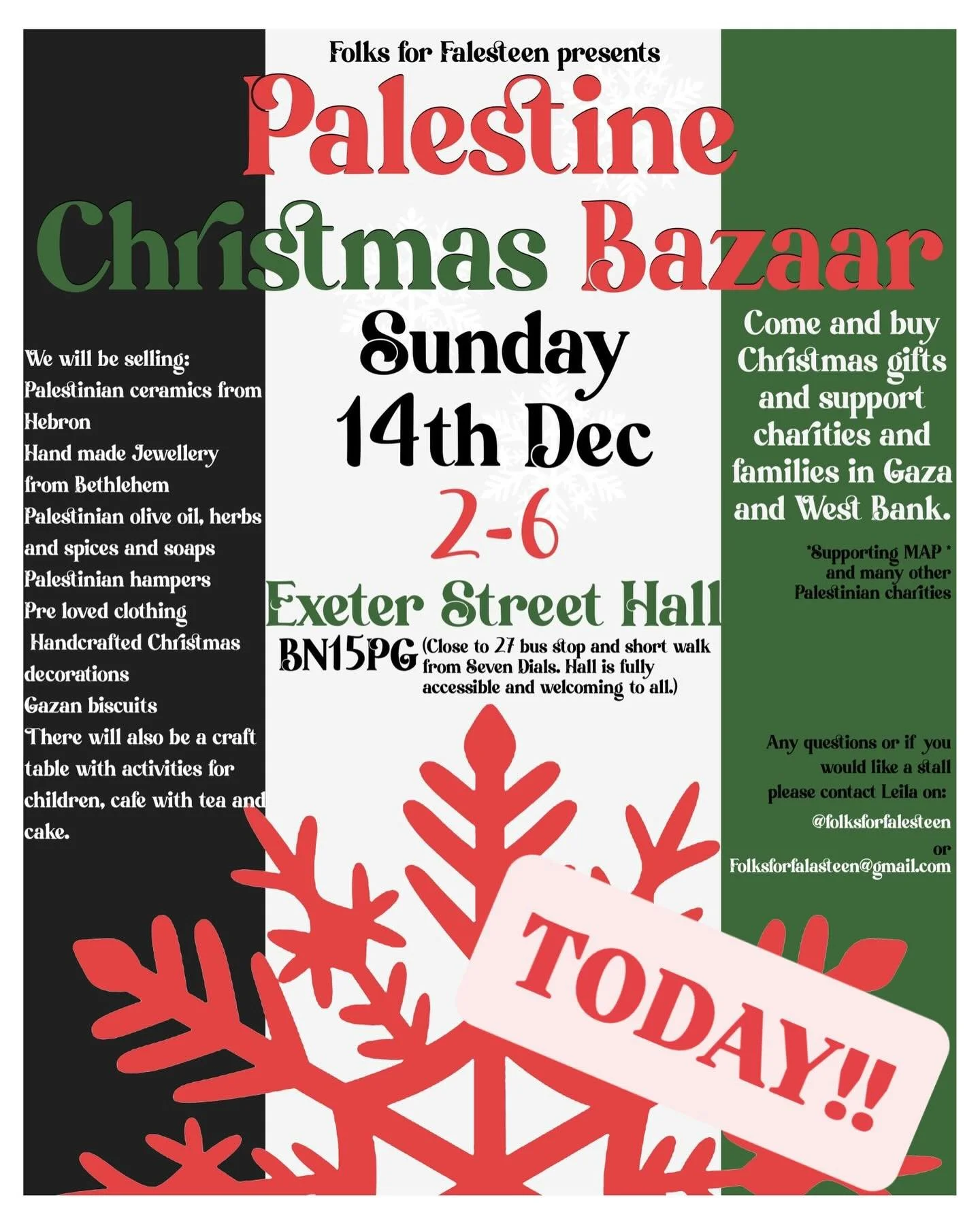 Come down and get your Xmas presents sorted and support some amazing charities! 

This is Happening today @exeterstreethall in Brighton. @palestinemumuk @parents4palestinesussex 

There will be all sorts of beautiful things made by local artists plus