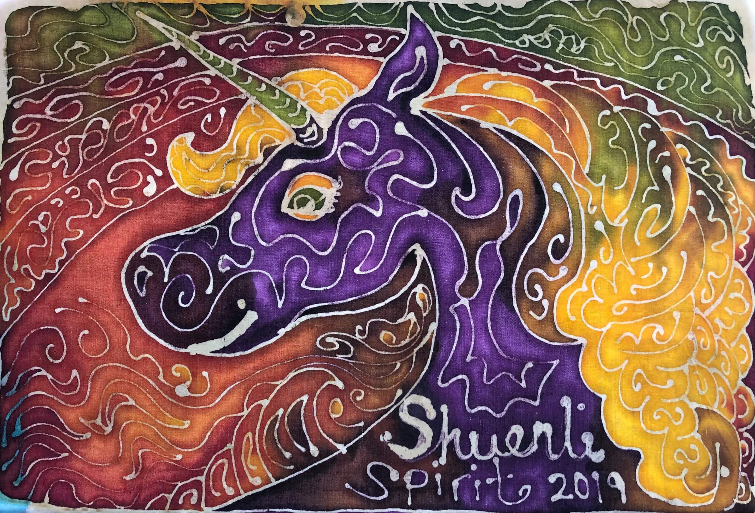 RETURNING HOME Batik 45 x 31 cm 2019 Video demonstration: https://www.facebook.com/Artforthegentlespirit/videos/361282528033782?s=100022803554288&v=e&sfns=mo I used to be afraid of how people would judge me if they knew that I could see and speak to those beyond the physical world. But that fear only made me more depressed. Today I have realised that when I respect myself more, the right connections flow more easily into my life. In this painting, I depicted Kiora, my spirit guide, reminding me to stay true to myself by connecting back to my roots in an island in Indonesia.