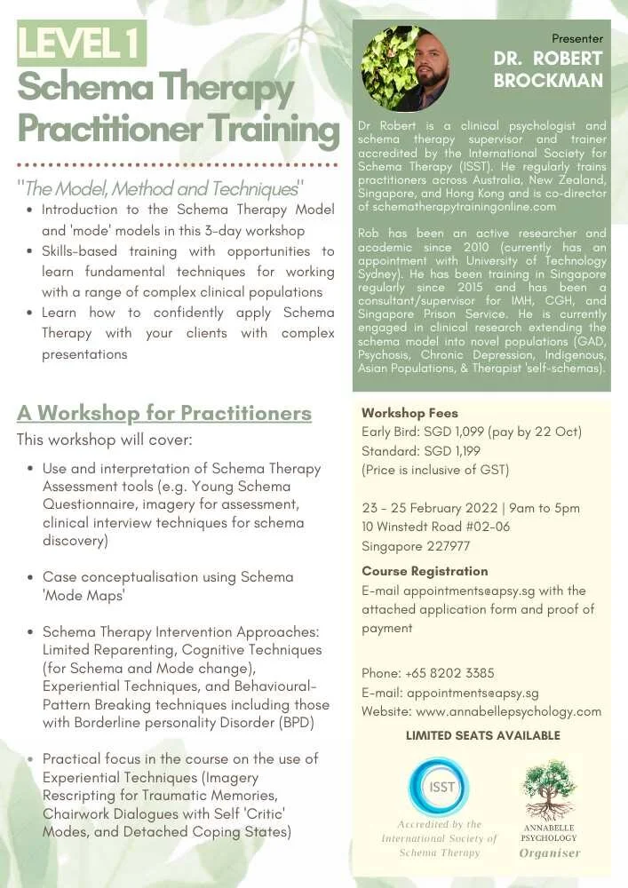 [Postponed] 2022 Schema Therapy Level 1 - Practitioner Training [conducted by Dr Rob Brockman (not a medical or dental qualification)]