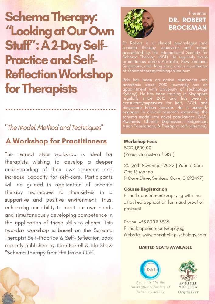 [CANCELLED] 2022 Schema Therapy: “Looking at Our Own Stuff”: A 2-Day Self-Practice and Self-Reflection Workshop for Therapists