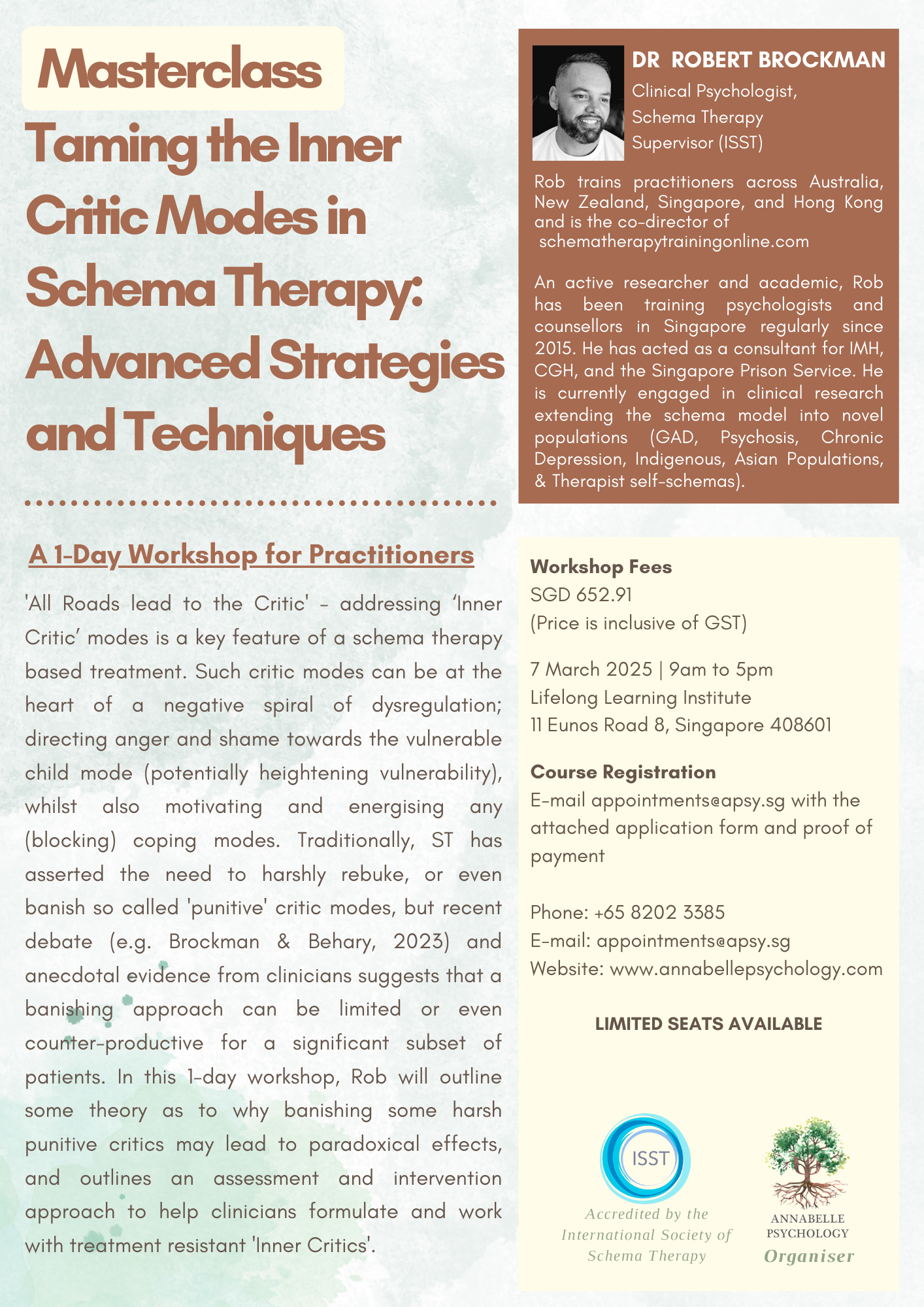 [REGISTRATION CLOSED] 2025 Schema Therapy Masterclass - "Taming the Inner Critic Modes" Practitioner Training [conducted by Dr Rob Brockman (not a medical or dental qualification)]