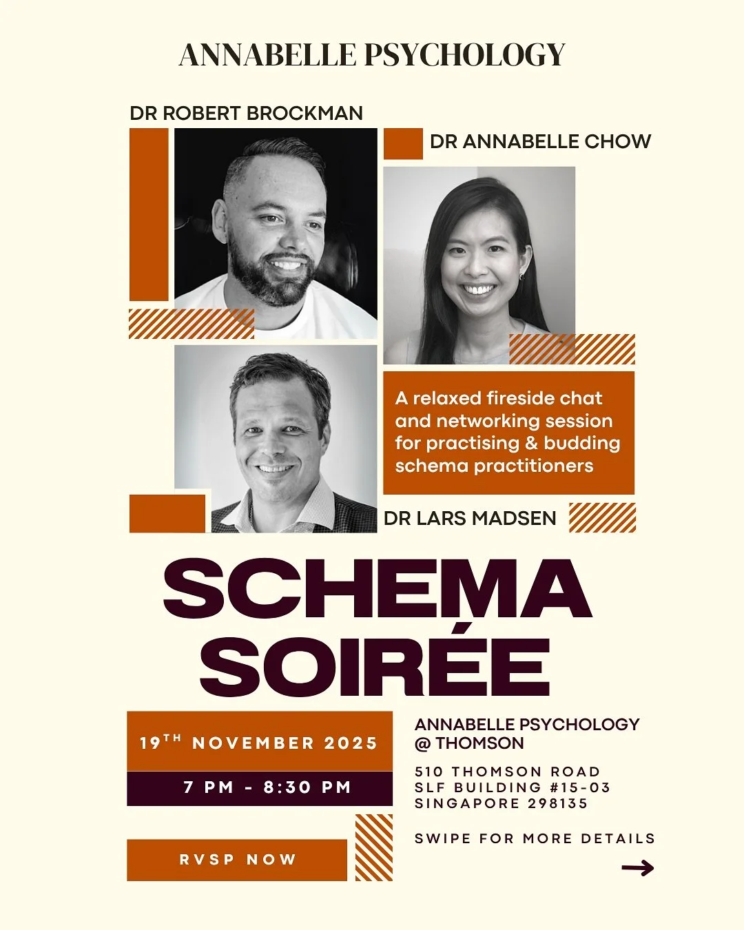 ✉️ You are invited to Schema Soirée, hosted by Annabelle Psychology.
Calling all practising & budding schema practitioners! Join us for a chill fireside chat and networking session with:
◾️ Dr Robert Brockman - Clinical Psychologist, Pres