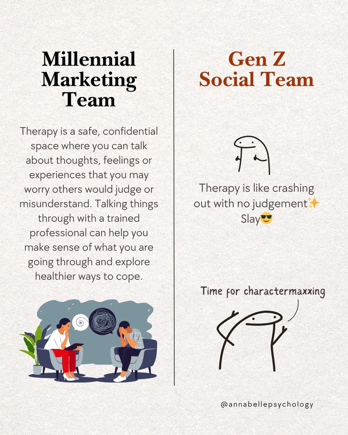 No judgement. Just a safe space to drop the lore.
&nbsp;
#therapy #mentalhealthmatters #mentalhealthawareness #apsysg #genzvsmillennials