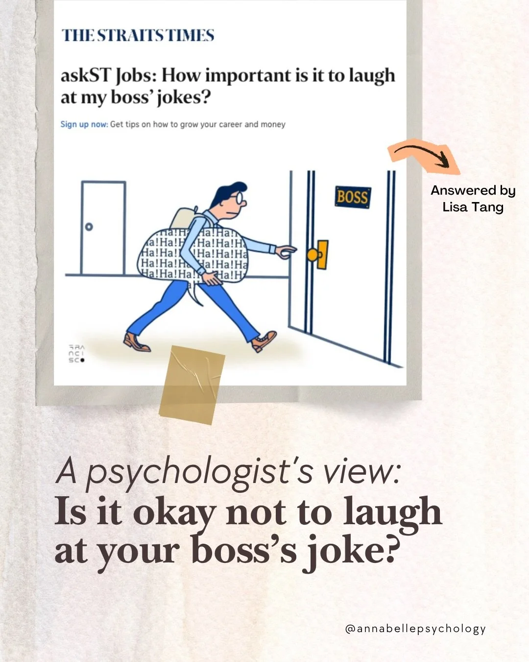 Ever felt unsure whether you should laugh at your boss&rsquo;s joke?🤔
&nbsp;
As featured in The Straits Times, clinical psychologist Lisa Tang explains that it&rsquo;s not just about humour, but also about workplace dynamics and subtle pressure.
&nb