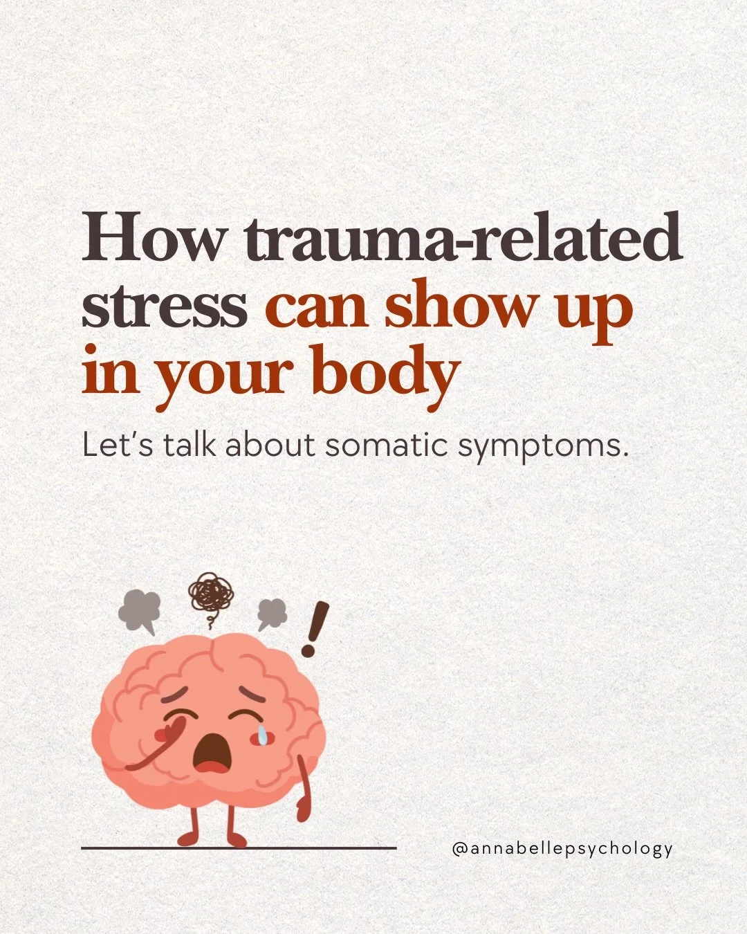 Trauma doesn&rsquo;t just affect the mind. It can show up in the body too. 🤕
&nbsp;
Somatic symptoms are physical sensations like a racing heart, tense muscles, stomach aches, headaches, or shallow breathing that are connected to stress or past trau