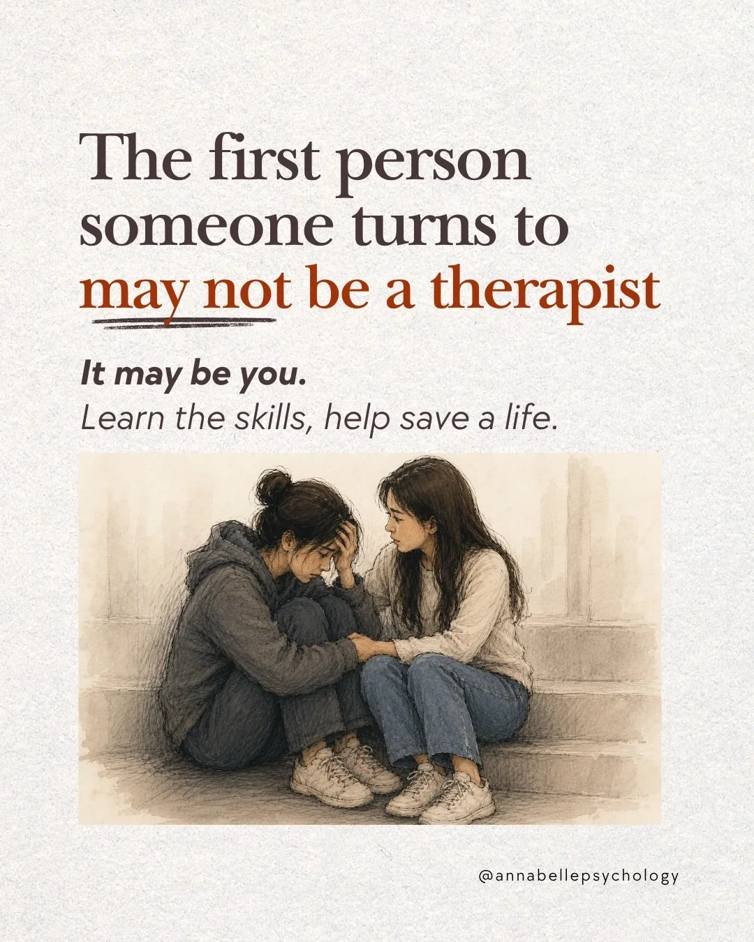 The first person someone turns to may not be a therapist.
It may be a friend, colleague, teacher or parent. 𝙊𝙧 𝙞𝙩 𝙢𝙖𝙮 𝙗𝙚 𝙮𝙤𝙪.
&nbsp;
Applied Suicide Intervention Skills Training (ASIST) equips you with practical skills to recognise suicid