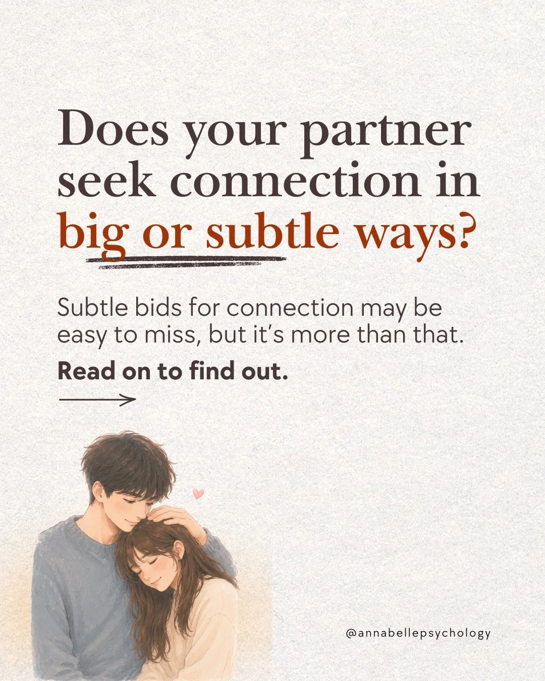 Sometimes, your partner asks for connection without actually saying it out loud.
It might be a small comment, a look, or showing you something on their phone.
&nbsp;
In the Gottman Method, these are called 𝗯𝗶𝗱𝘀 𝗳𝗼𝗿 𝗰𝗼𝗻𝗻𝗲𝗰𝘁𝗶𝗼𝗻.
How we