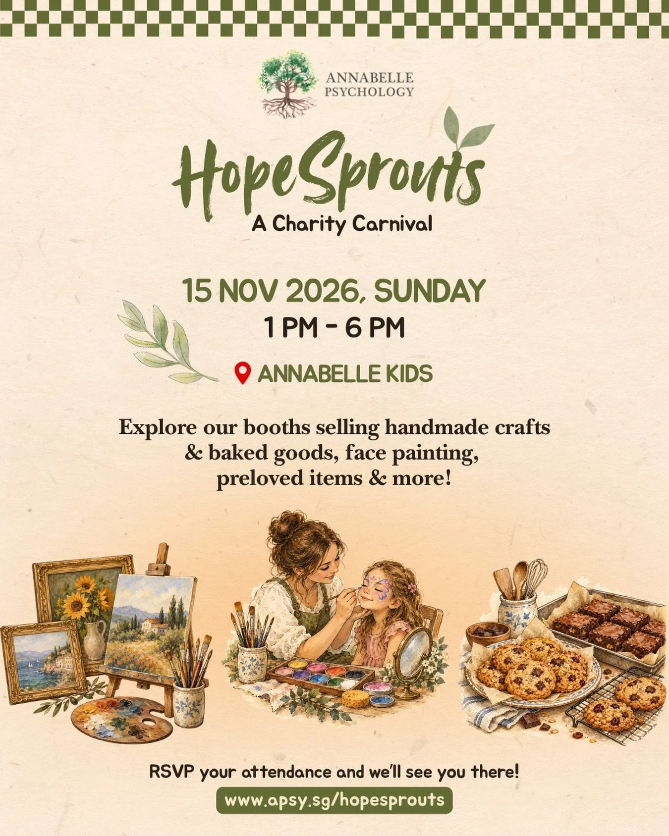 Spend a meaningful afternoon with us at 𝐇𝐨𝐩𝐞𝐒𝐩𝐫𝐨𝐮𝐭𝐬 this November!

☕ Handmade crafts &amp; unique finds (oil paintings, postcards, pendants, etc)
🍪 Home-baked goodies (cookies, muffins, cupcakes)
🎨 Face Painting
🎲 Old-school nostalgic 