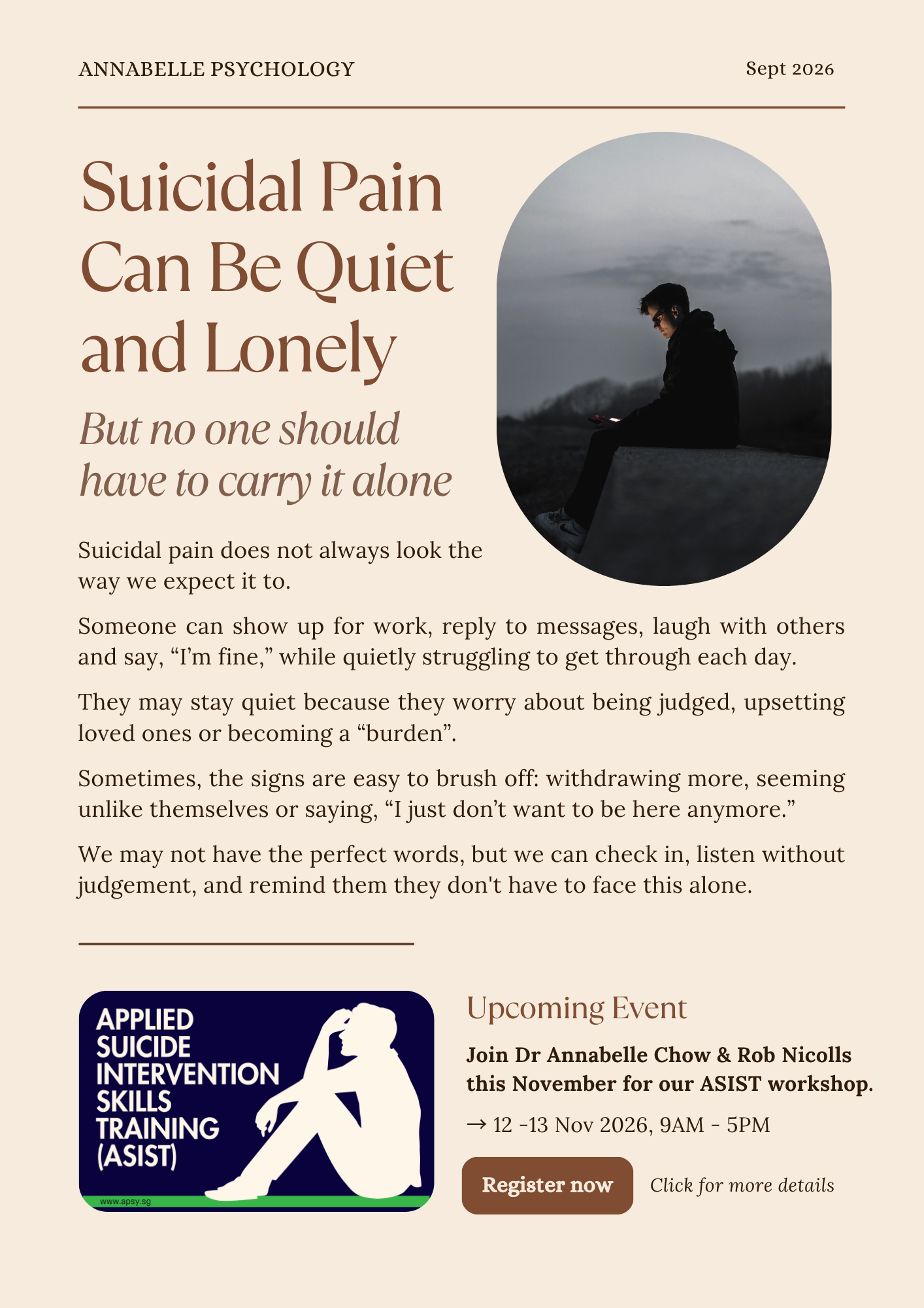 September 2026 Annabelle Psychology newsletter cover showing a person sitting alone outdoors beside the title “Suicidal Pain Can Be Quiet and Lonely”.