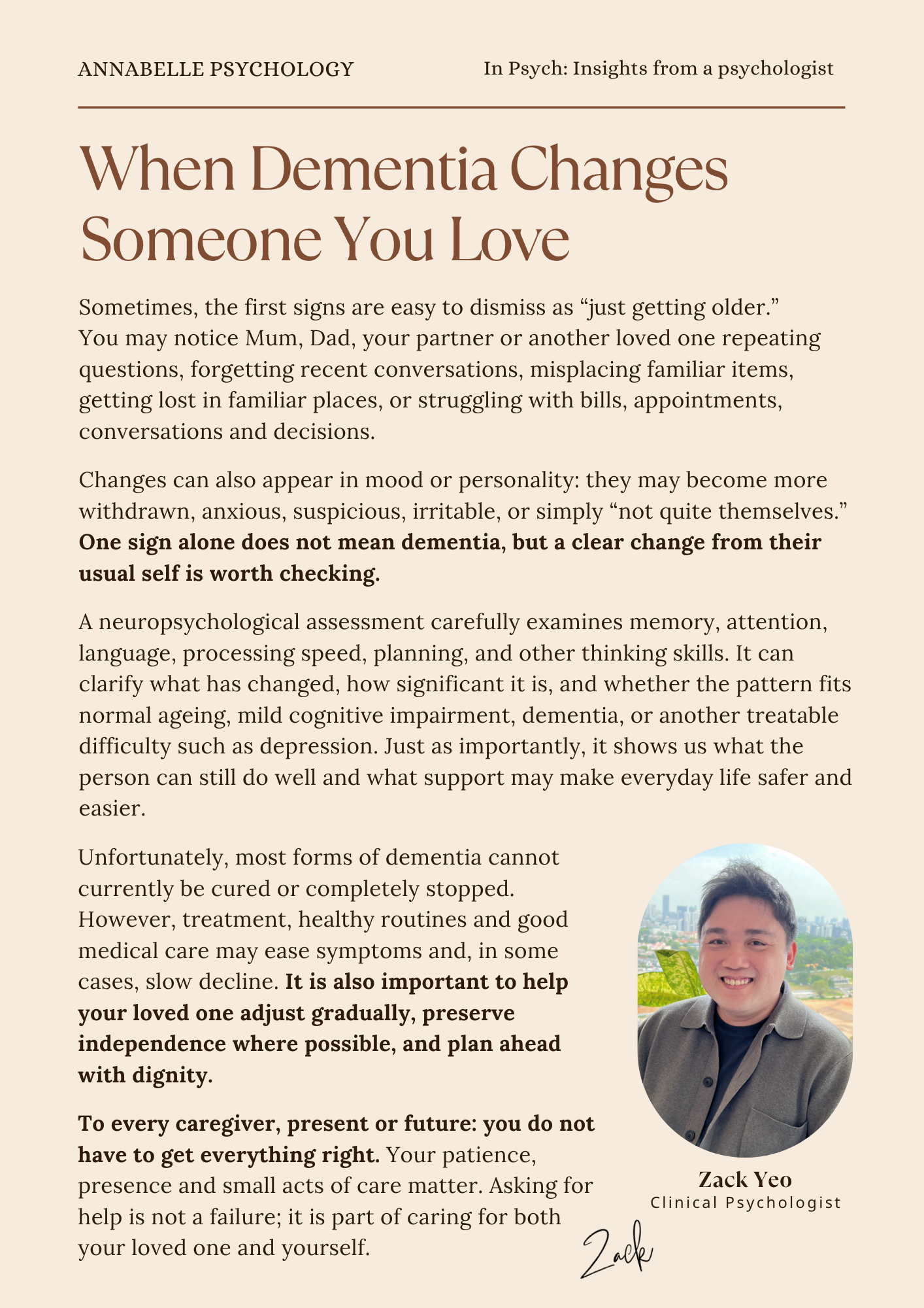 Newsletter page on dementia warning signs, neuropsychological assessment and caregiver support, featuring Clinical Psychologist Zack Yeo.