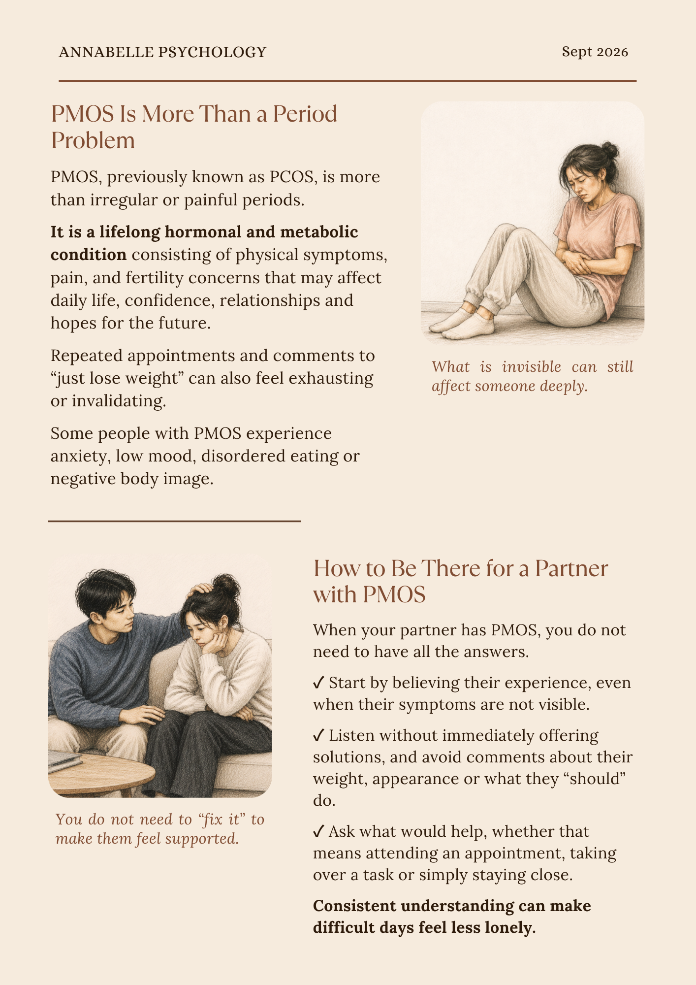 Newsletter page explaining the physical and emotional effects of PMOS and ways partners can provide understanding and practical support.