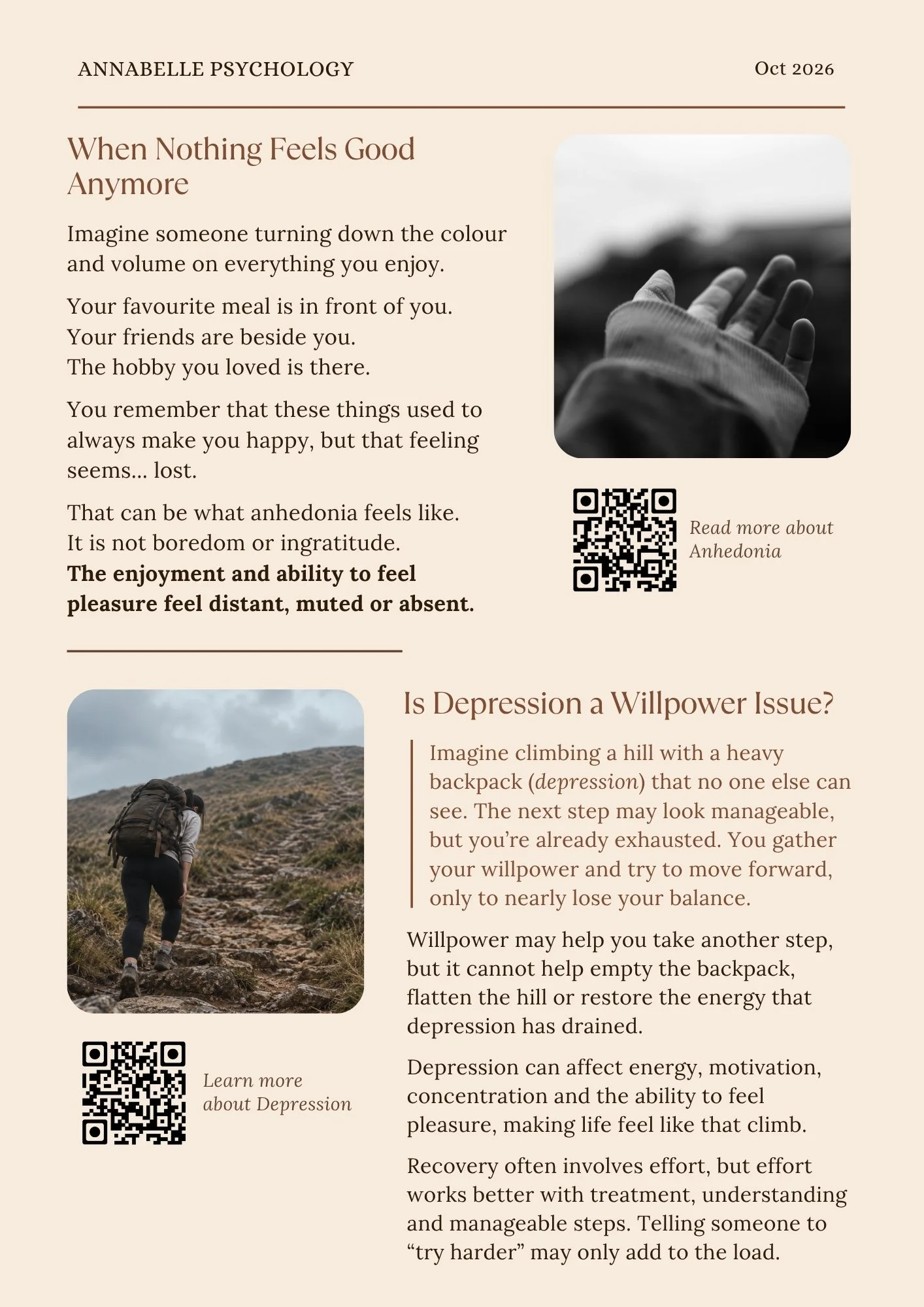 Newsletter page explaining anhedonia and why depression is not a willpower issue, using metaphors of muted enjoyment and climbing uphill with a heavy backpack.