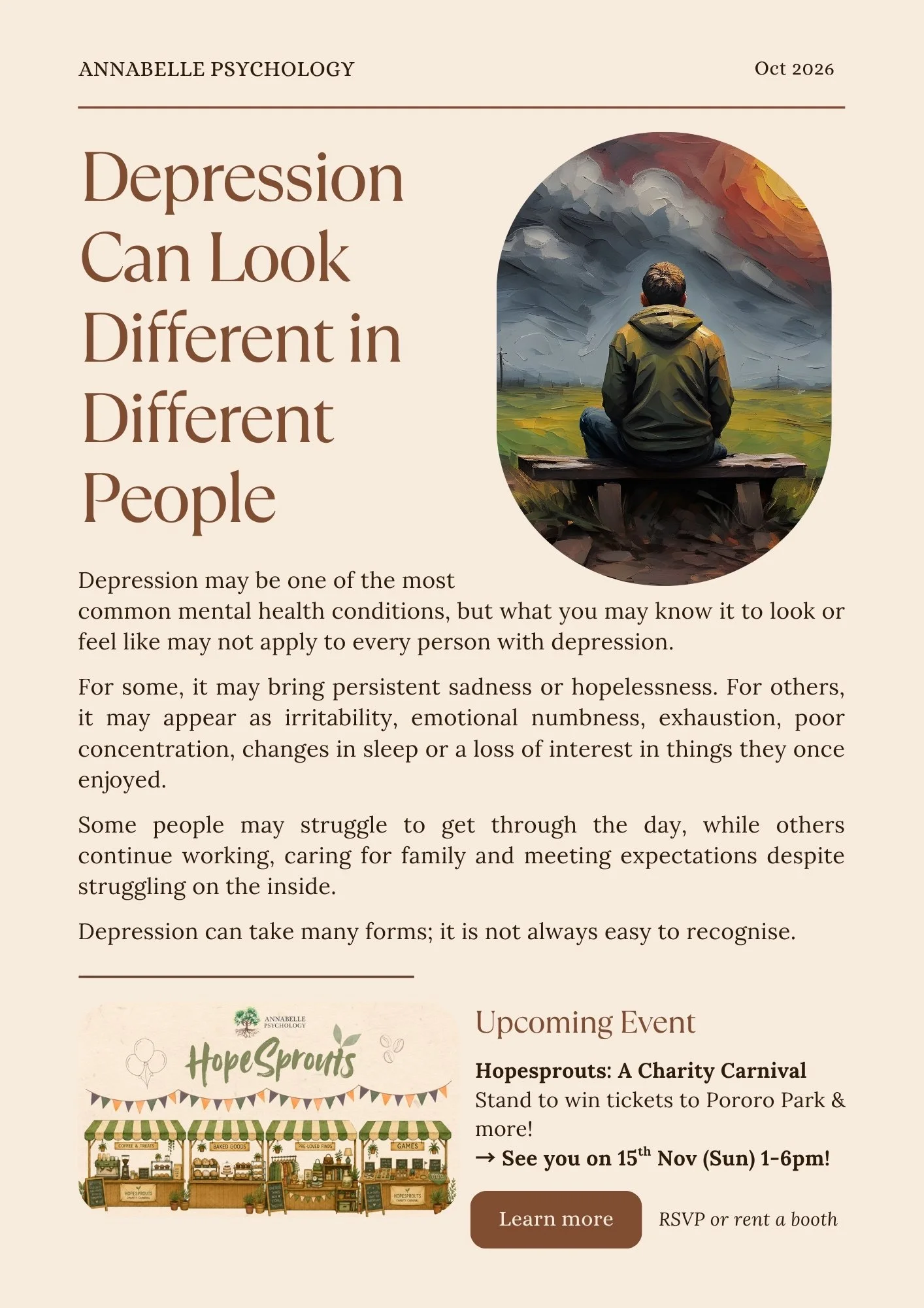 October 2026 Annabelle Psychology newsletter cover titled “Depression Can Look Different in Different People”, featuring a person sitting alone beneath a dark, stormy sky.