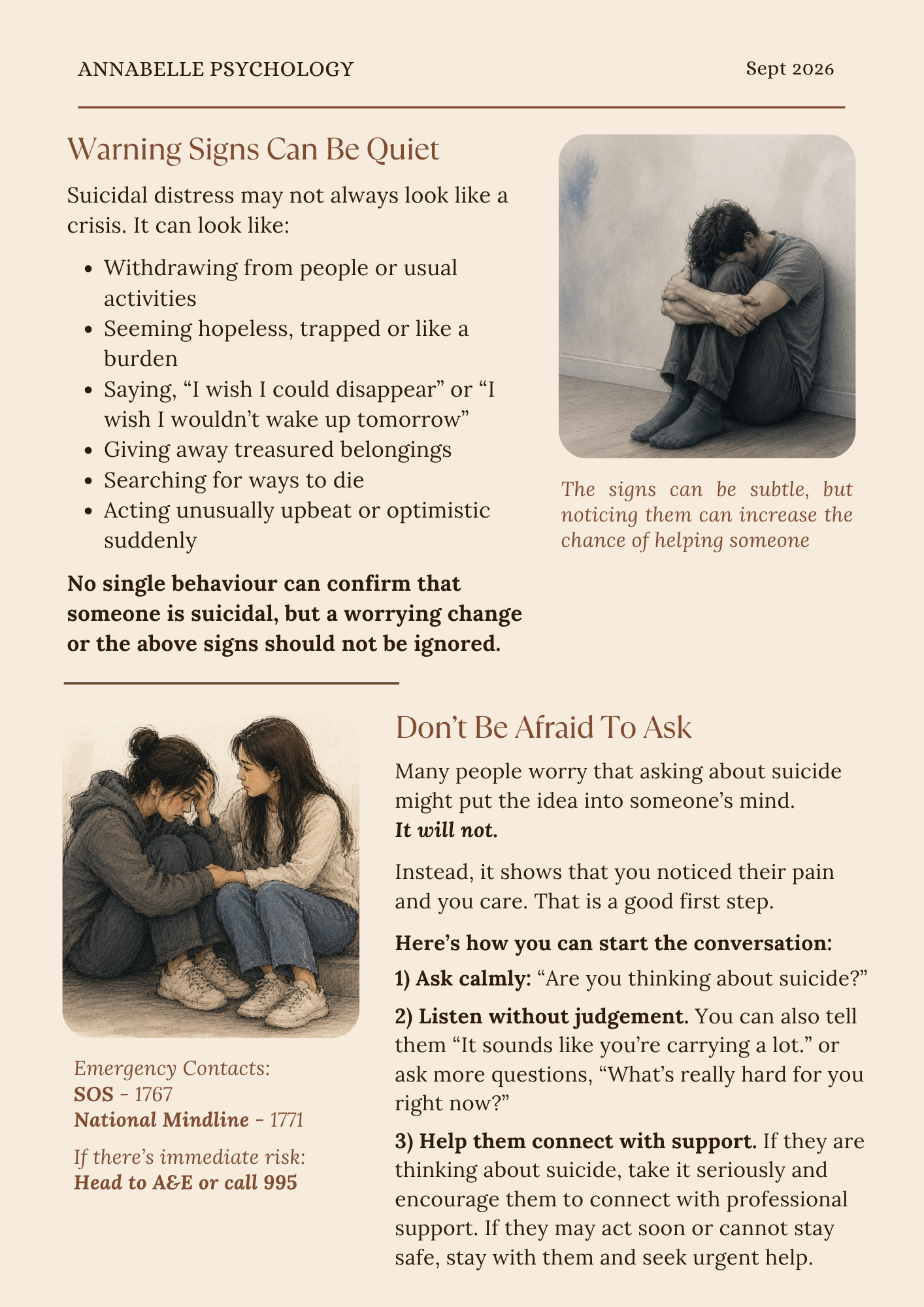 Newsletter page outlining subtle suicide warning signs, how to ask directly about suicidal thoughts and emergency support options in Singapore.