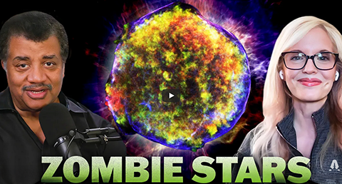 Neil deGrasse Tyson on left, supernova remnant Tycho in middle, Kim Arcand on right