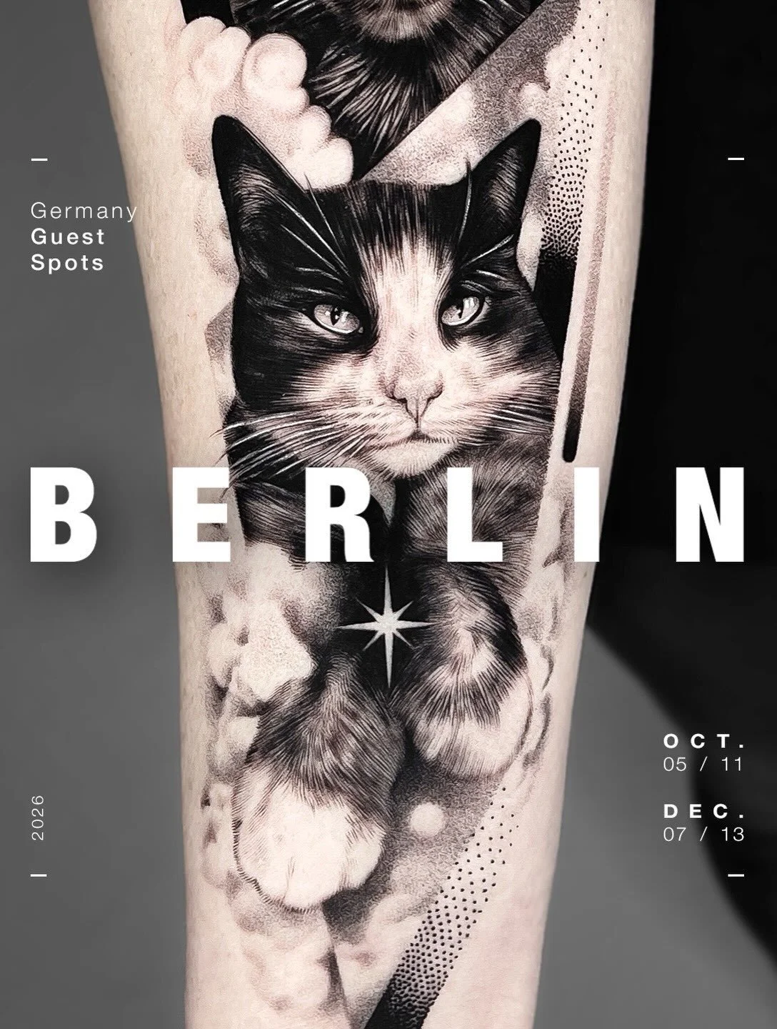 Realism cut open by geometry
@ro_tattoo  builds portraits &mdash; a cat&rsquo;s stare, a moth&rsquo;s wing, a lone figure in a fractured landscape &mdash; then breaks the frame with sharp triangles and dotwork gradients.

Guesting with us from Octobe
