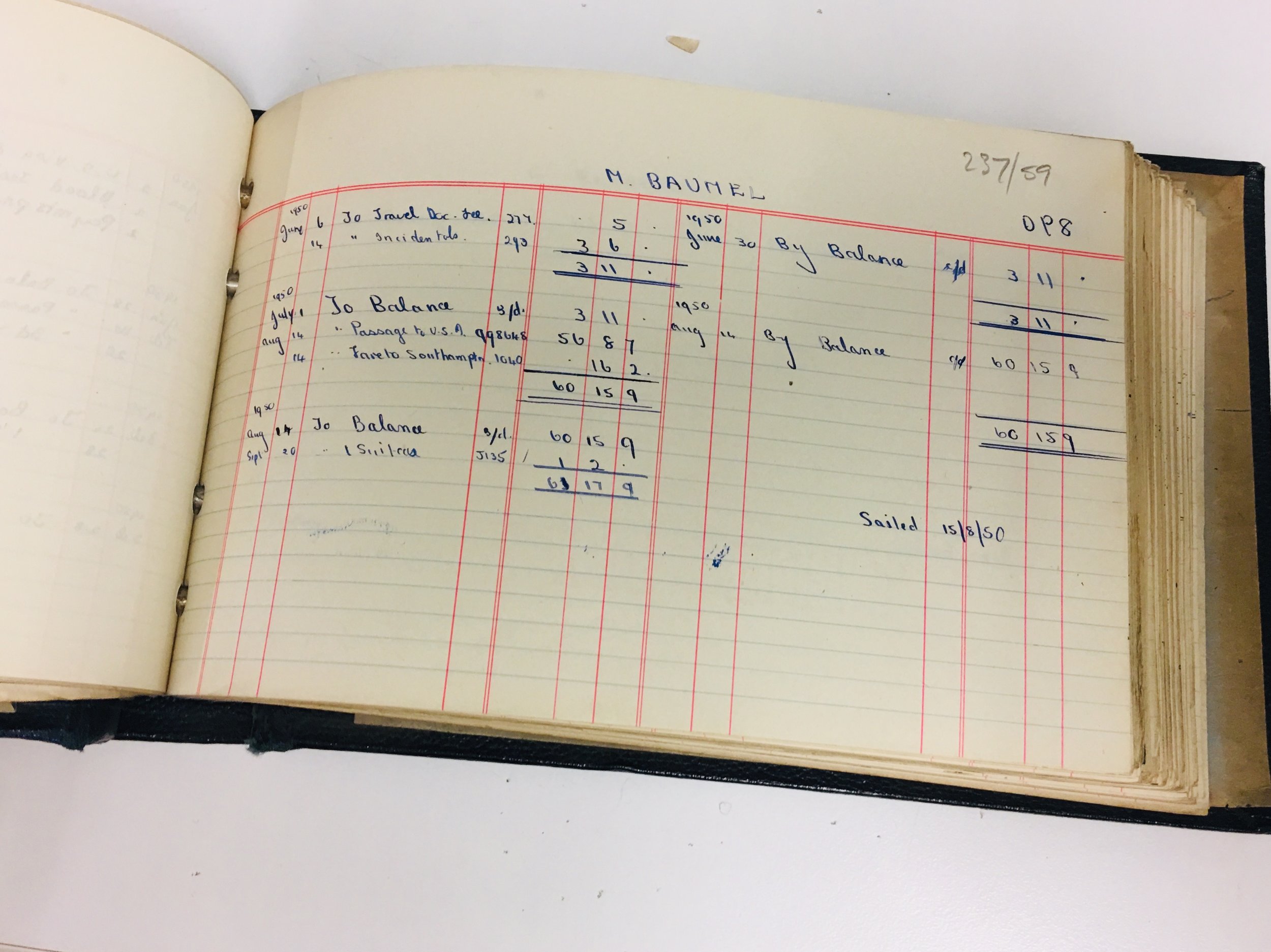 This is a page of the Emigration ledger of the Central British Fund. They carefully detailed the expenses for each of the boy’s emigration. This is the page that refers to Martin Baumel. The book is in the London Metropolitan archives.