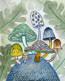   Traditional mixed media made with watercolour paints and colour pencils.  