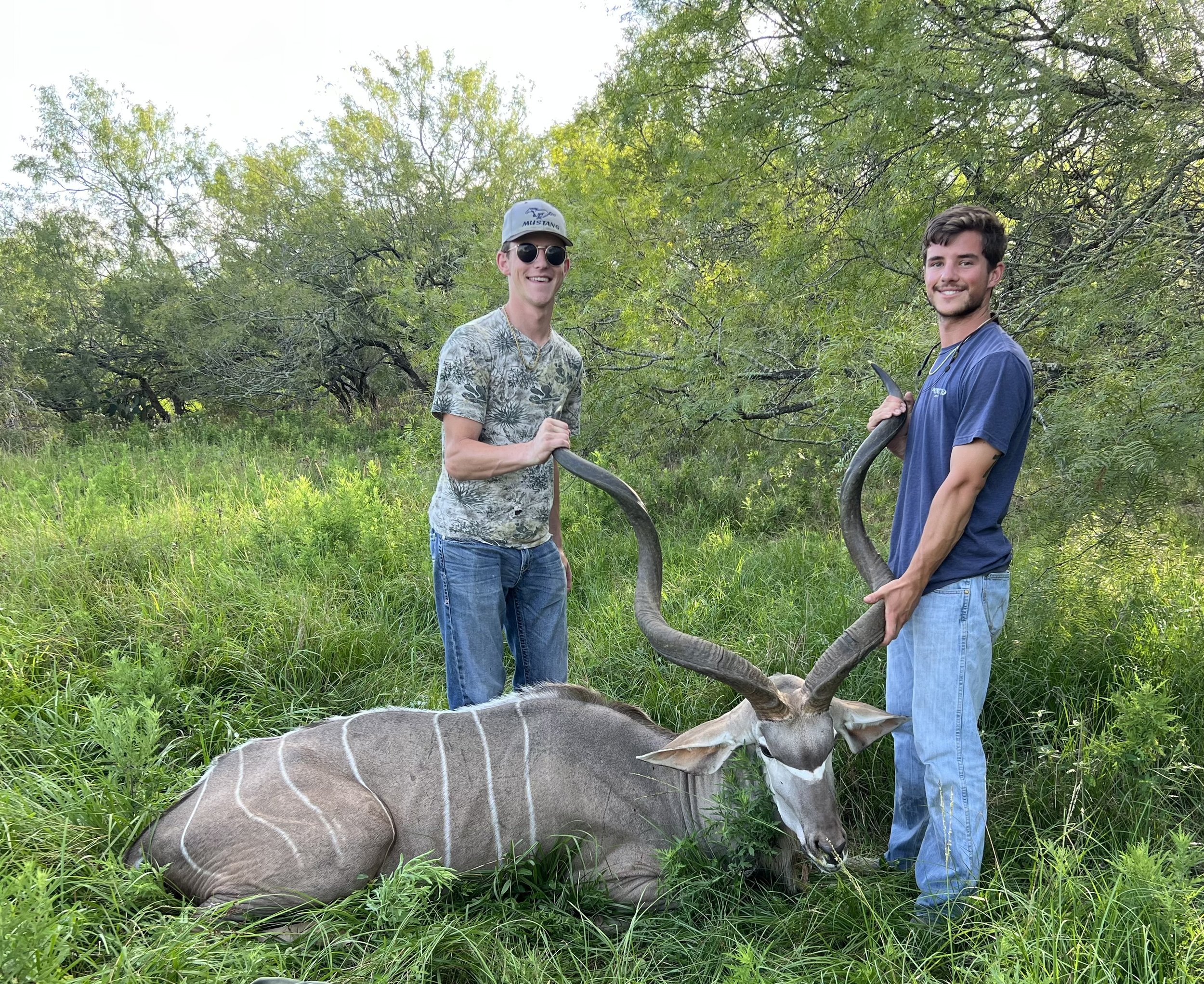 Two people posing with a kudu in a grassy field.