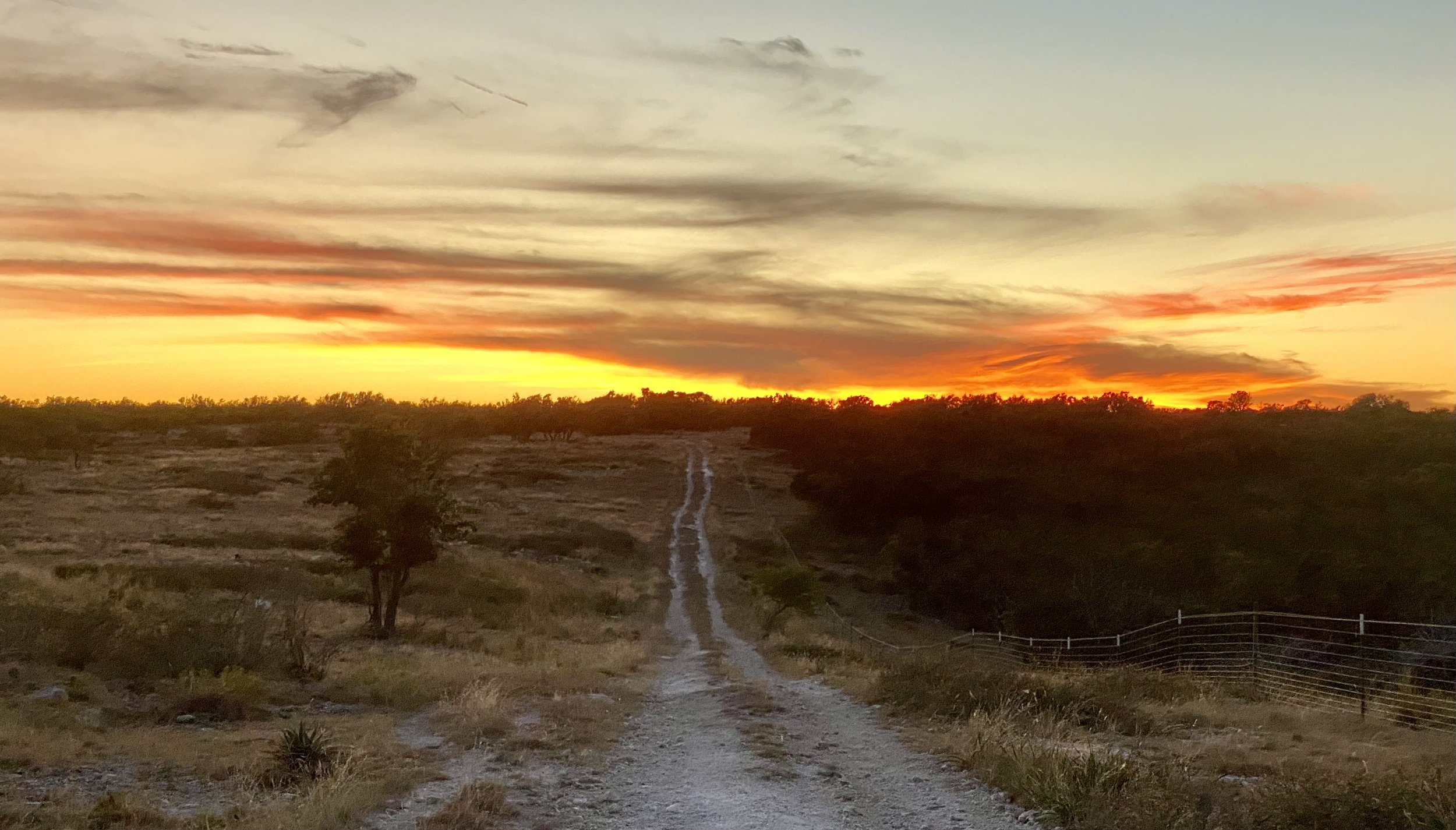 Rural landscape at sunset with a dirt road, field, and distant trees under a sky streaked with orange and gray clouds.