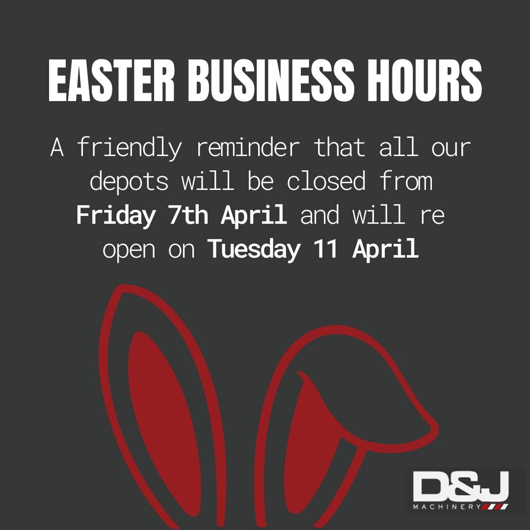 EASTER BUSINESS HOURS 🐣

All our depots will be shut from 5pm on Thursday 6 April.

We will reopen from 7am on Tuesday 11 April.

#DJMachinery #Easter #BankHoliday