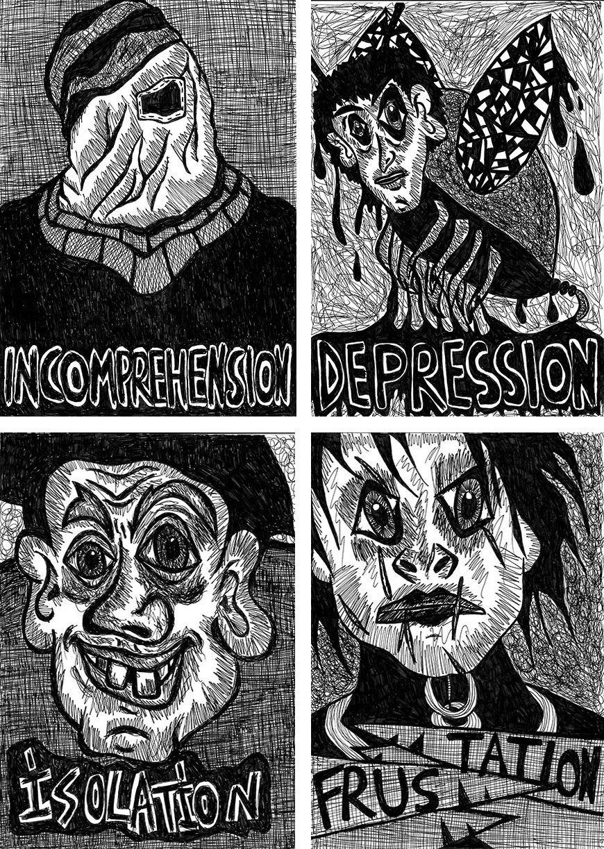    “Incomprehension   ”  ,    “Depression” ,  “Isolation” ,  “Frustration” , 2013   Pen on paper, 14.8 x 21 cm 