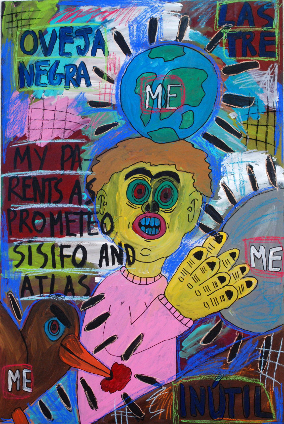    “My parents as Prometeo, Sísifo and Atlas” , 2012   Acrylic paint and pastel on wood, 90 x 130 cm 