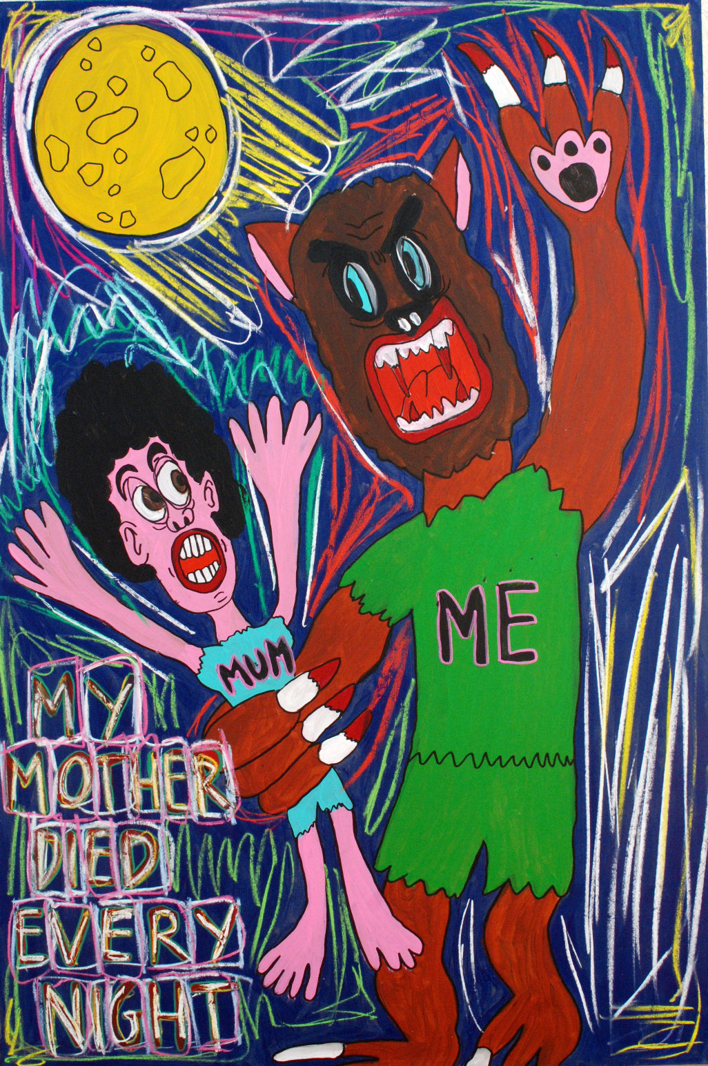    “My mum died every night” , 2012   Acrylic paint and pastel on wood, 90 x 130 cm 