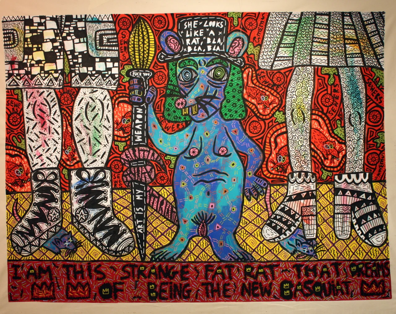 “I am this strange fat rat that dreams od beinf the new Basquiat” , 2016 Acrylic paint and Posca marker on canvas, 200 x 180 cm