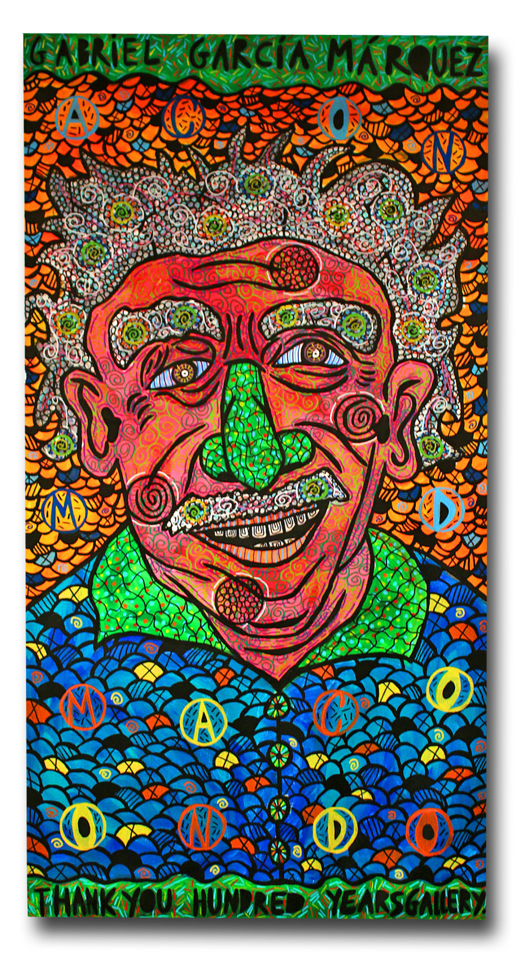“Gabriel García Márquez” , 2017 Acrylic paint and Posca marker on linen, 60 x 179 cm