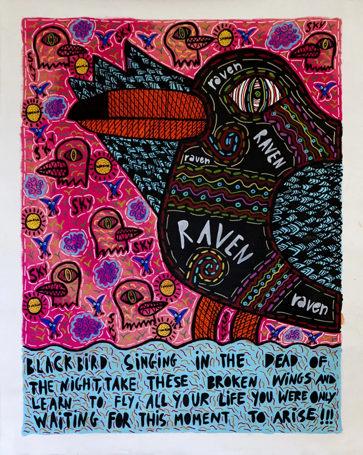 “Bird” , 2017 Acrylic paint and Posca marker on linen, 90 x 120 cm