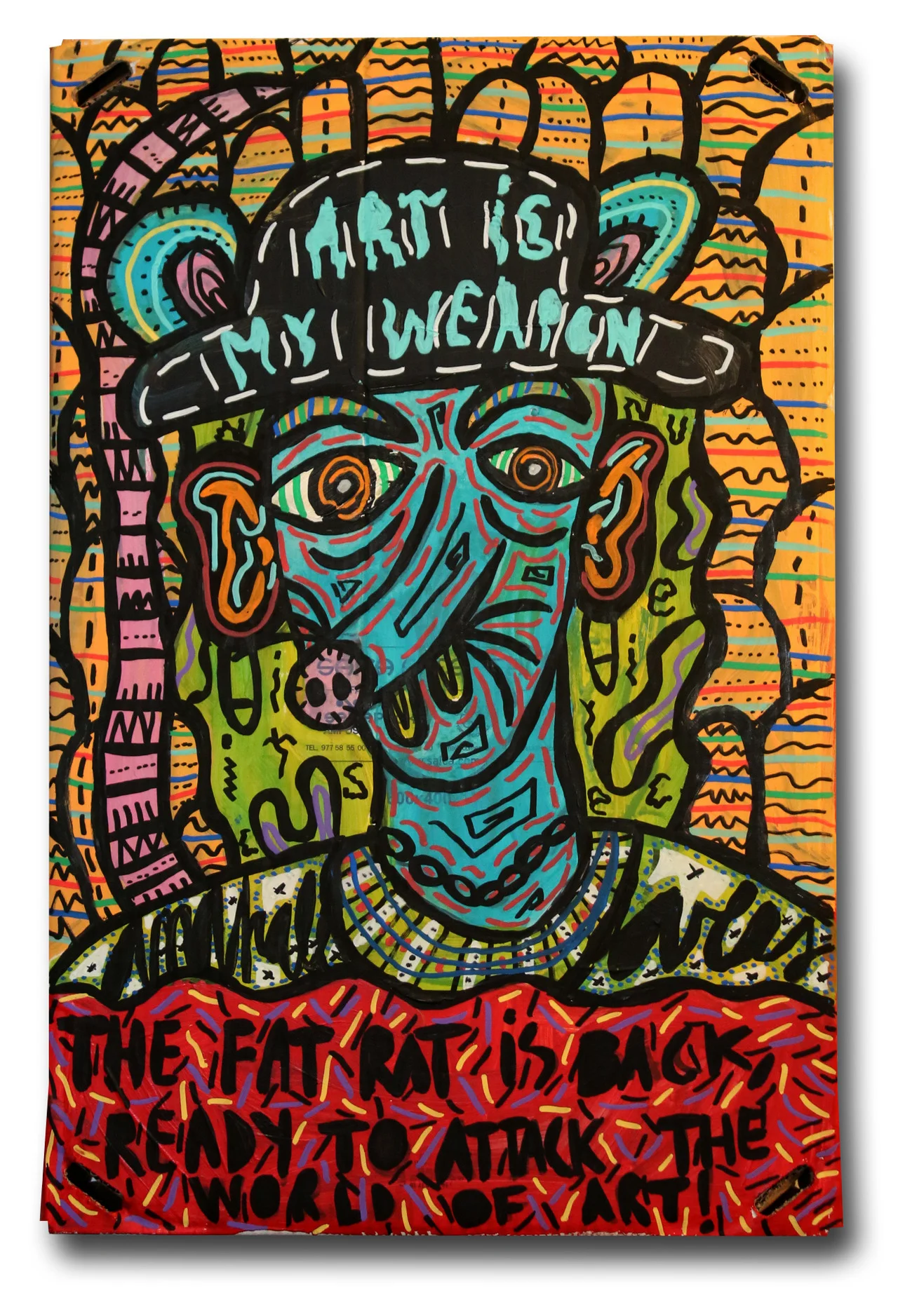 “The fat rat is back, ready to attack the world of art!” , 2018 Acrylic paint and Posca marker on cardboard, 40 x 65 cm