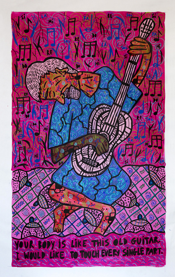    “Your body is like this old guitar, I would like to touch every single part” , 2017   Acrylic paint and Posca marker on linen, 120 x 160 cm Private Collection 