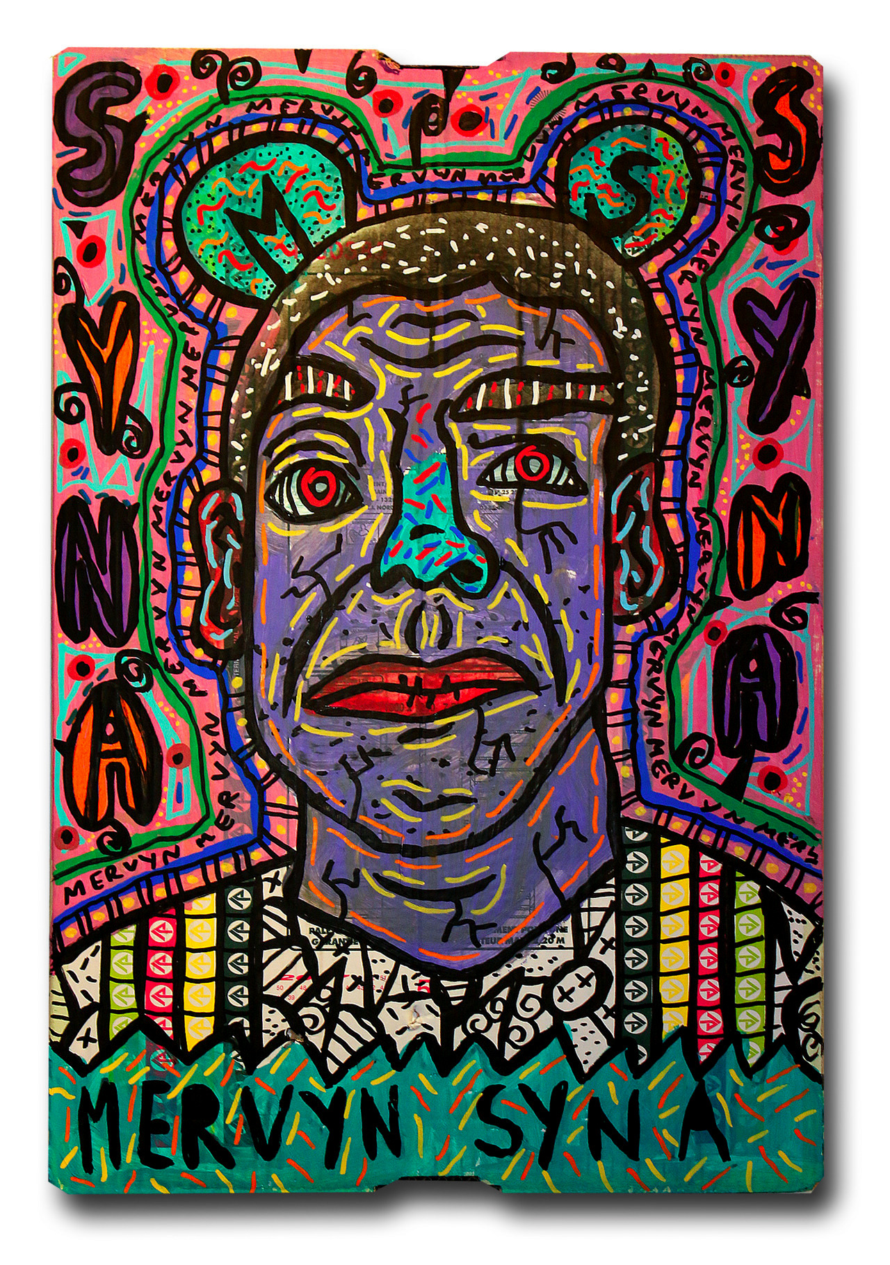    “Mervyn Syna” , 2018   Acrylic and Posca marker on cardboard, 30 x 70 cm Private Collection 