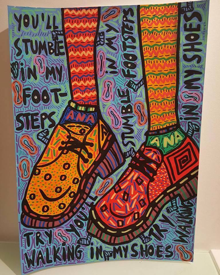    “Try walking in my shoes, you'll stumble in my footsteps” , 2016   Acrylic paint and Posca marker on paper, 29.7 x 42 cm Private Collection 