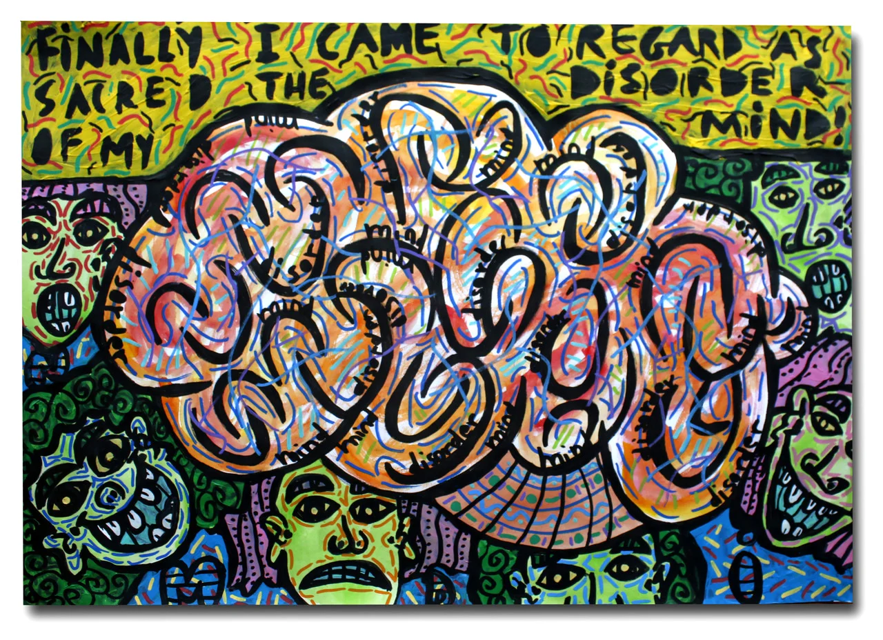 “Finally I came to regard as sacred the disaster of my mind!” , 2018 Acrylic and watercolour paint on paper, 42 x 59.4 cm Private Collection