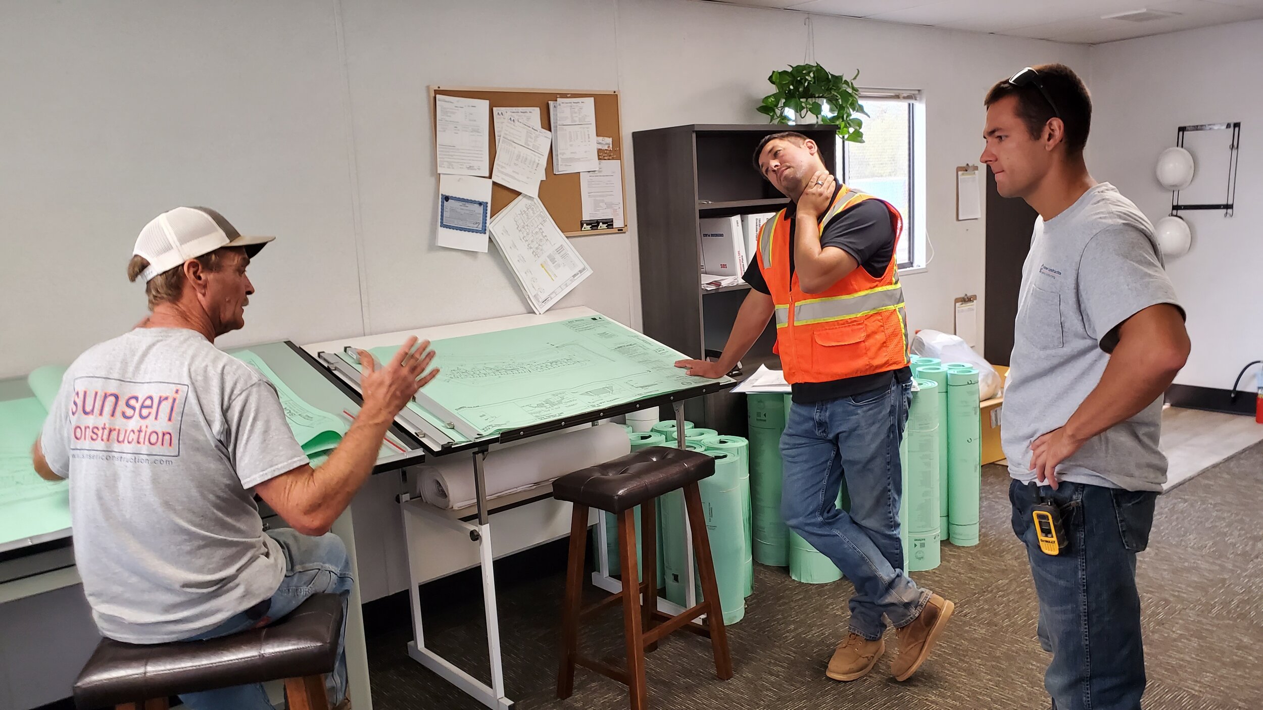   Tom Coffin discuss plan details with PM, Brody VanKoten and Intern, Thunder Shaffer.  Creekside Place Apts, Chico 