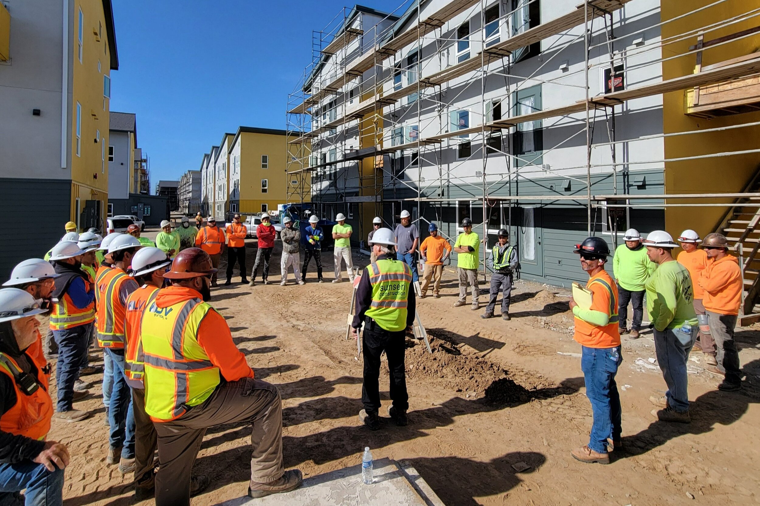   Senior PM, Joe Manzi, leads a site safety meeting  Cornerstone in Sacramento. 