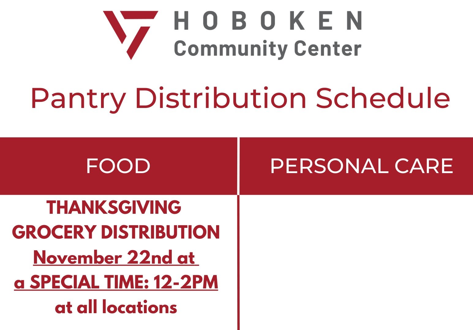Hoboken Community Center Pantry Distribution Schedule - Personal Care