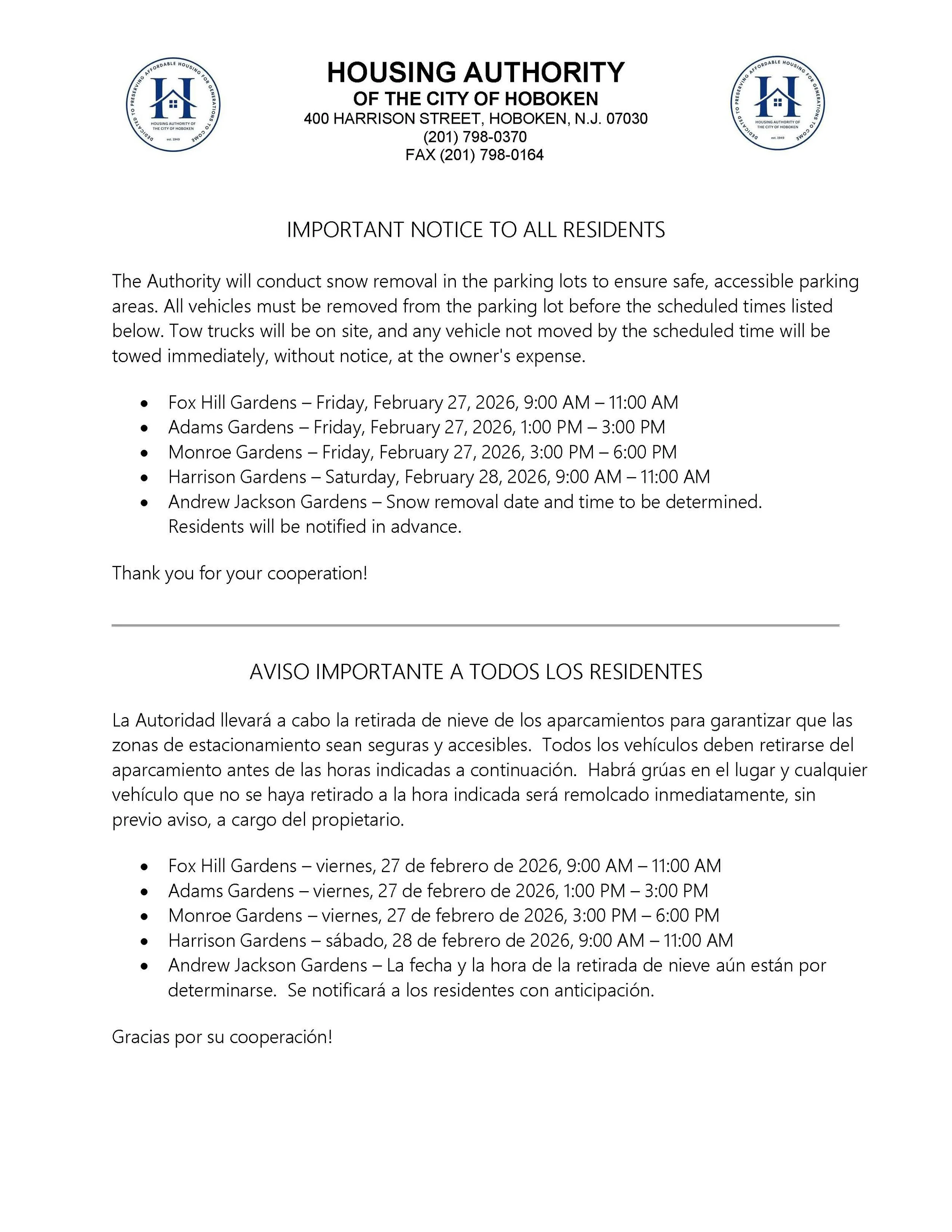 Important Notice to All Residents / Aviso Importante a todos los Residentes