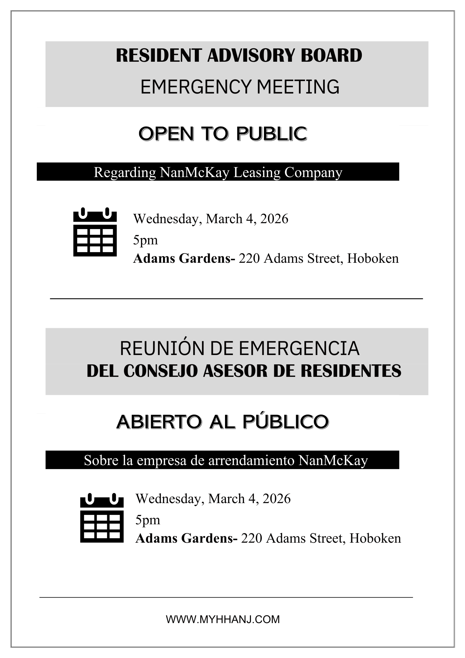 Resident Advisory Board Emergency Meeting / Reunion de emergencia de la Junta Asesora de Residentes 