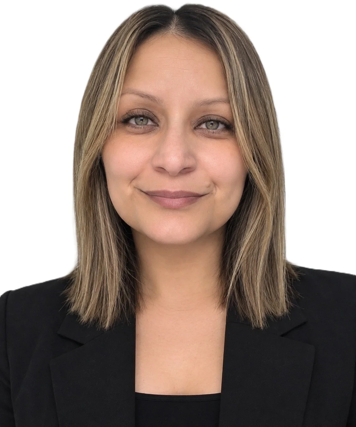 Close-up of a smiling young woman with wavy brown hair, blue eyes, piercings on her nose and ears, wearing a black top and small earrings, against a white background.
